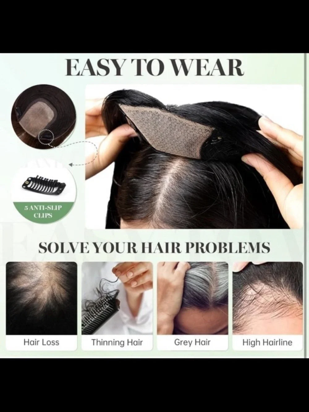 12” Human Hair Topper Clip In Hair Topper Crown Thinning Grey Coverage 5x5